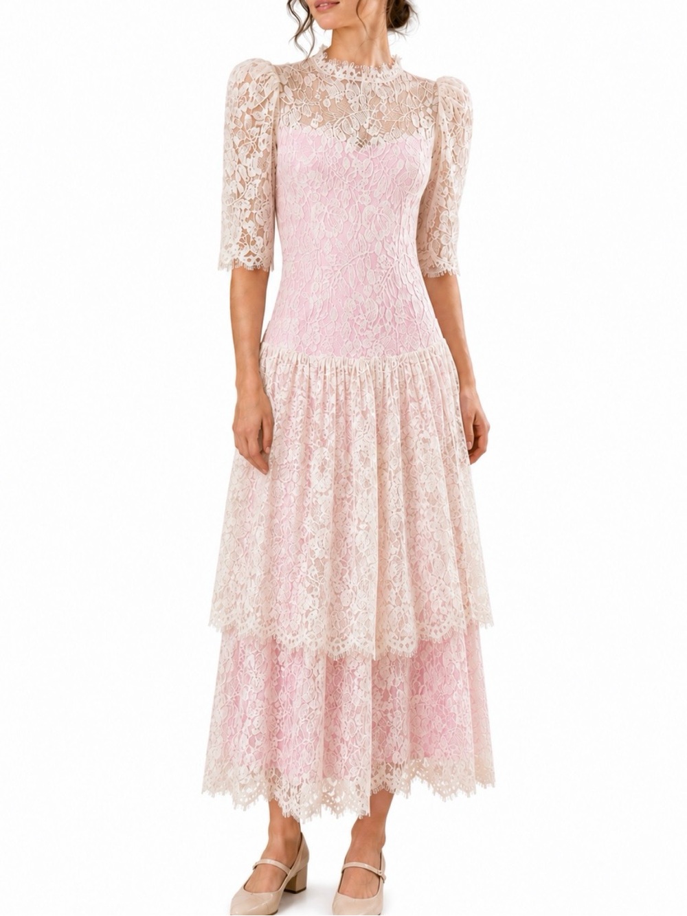 Vintage 80s Romantic Prairie Lace Overlay Drop Waist Midi Dress Ivory Pink 10